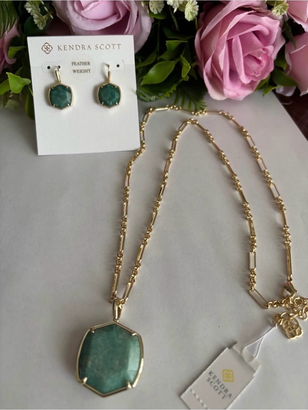 NWT Kendra Scott set of Davis necklace + earrings in gold dark teal amazonite